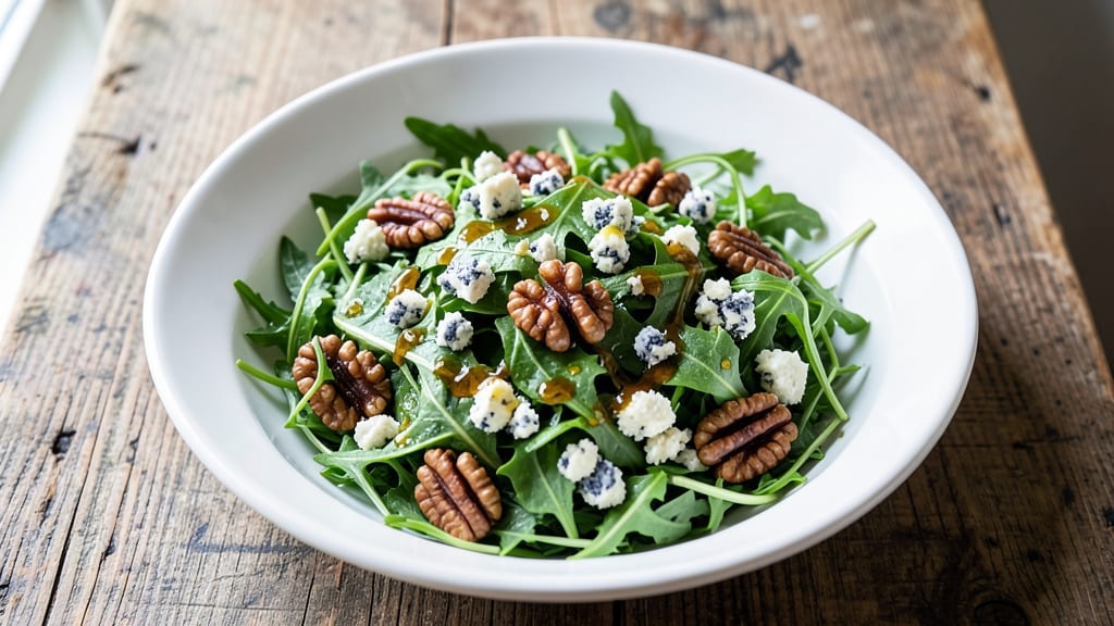 Arugula Blue Cheese Salad Recipe: Crispy Walnut Topping with Tangy Vinaigrette