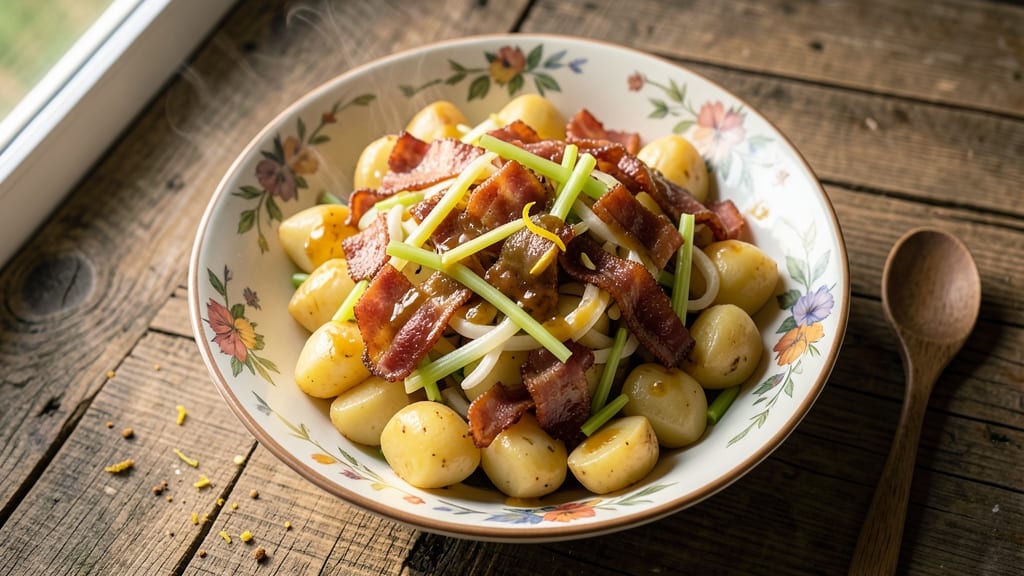 Old-Fashioned German Potato Salad Recipe With Bacon: Crispy Celery Crowns and Smoky Bacon Bite