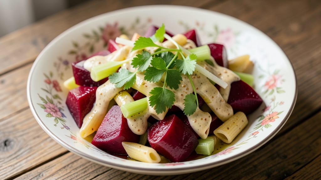 Beetroot Pasta Salad Recipe: Vibrant Earthy Sweetness With Crisp Celery Crowns