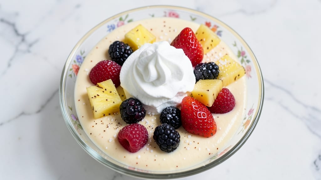 Fruit Salad Recipe with Vanilla Pudding and Cool Whip: Layered Dessert with Creamy Vanilla Swirls