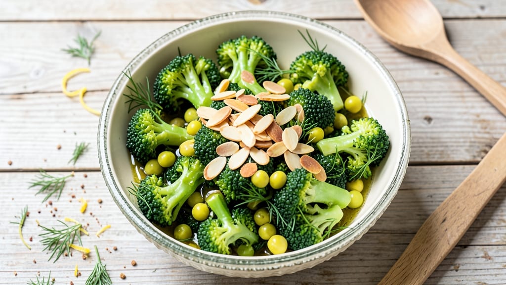 Broccoli and Pea Salad Recipe: Crunchy Almond Topping and Lemon-Herb Vinaigrette