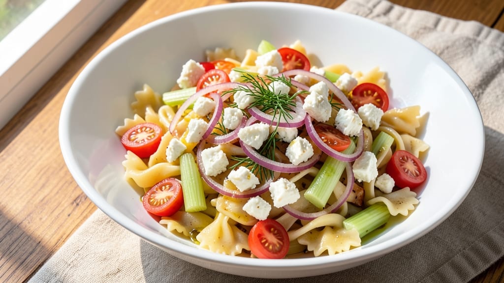 Bowtie Feta Pasta Salad Recipe: Crisp Celery Crowns and Tangy Feta Bite